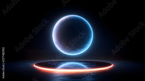 Glowing Blue Moon Floating Above Illuminated Circular Platform in Dark Space