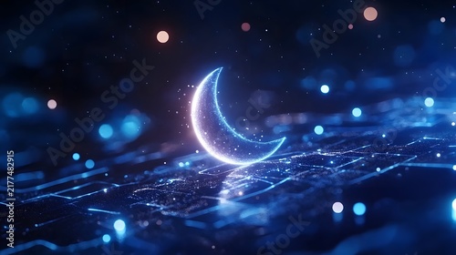 Glowing Crescent Moon Floating Over Digital Circuit Grid Landscape with Bokeh Lights in Night Sky