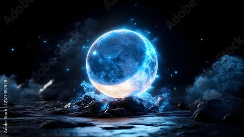 Glowing Blue Crystal Moon Sphere Resting on Dark Rocks Amid Cosmic Mist and Stars