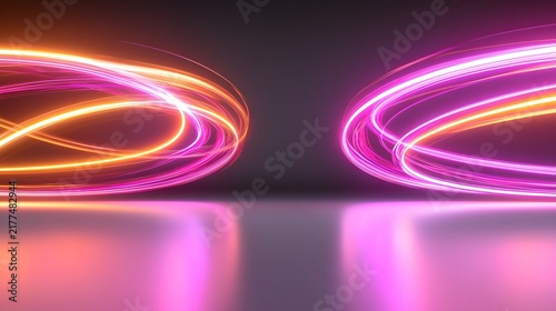 Abstract Swirling Light Trails in Orange and Pink on Reflective Dark Surface