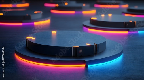 Futuristic Circular Podiums with Neon Light Rims in Blue, Orange, and Pink on Dark Surface