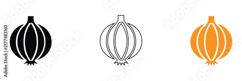 Onion vegetable vector icon set in black outline and orange style for healthy food cooking recipe market grocery organic agriculture concept graphic clipart isolated on white background