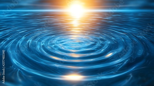 Golden Sunlight Reflecting on Rippling Blue Water with Concentric Circular Waves