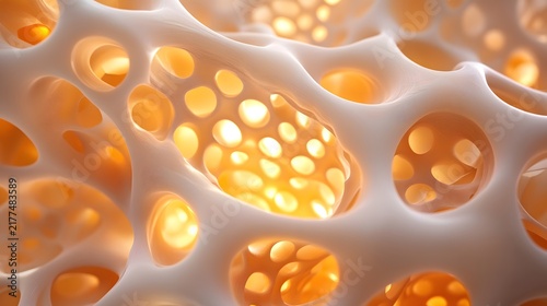 Abstract White Porous Structure with Glowing Orange Light Cells