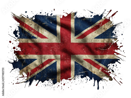 Grunge style union jack flag with paint splatters isolated on transparent background