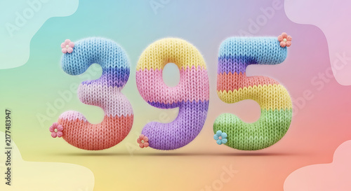 Playful knitted number 395 in a vibrant multicolor gradient, decorated with cute flowers and leaves on a soft abstract background