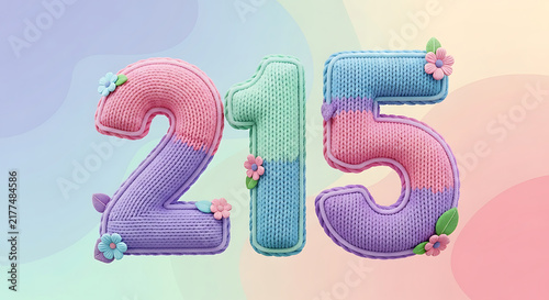 Charming knitted numbers 215 in pastel colors with cute flowers and leaves, set against a soft, blended background