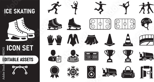 Set of black ice skating icons and winter sports equipment