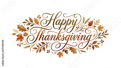 Happy Thanksgiving lettering with autumn leaves and wheat, isolated on transparent background