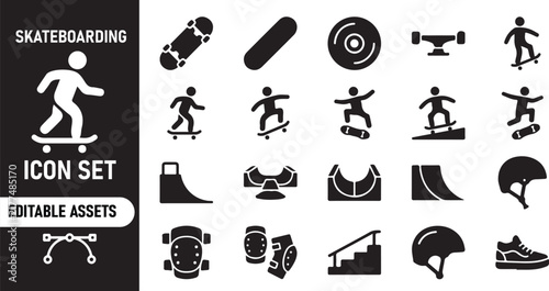 Set of black skateboarding icons and gear elements