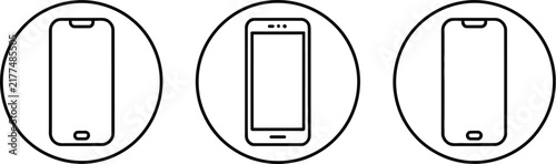 Smartphone, device outline icon set, circle outline vector, mobile phone and cellphone symbols, gadget sign, technology interface, communication device, isolated on white background.