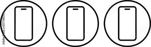 Smartphone, device outline icon set, circular outline design, mobile phone and cellphone symbols, gadget concept, digital technology interface, touchscreen communication, isolated on white background.