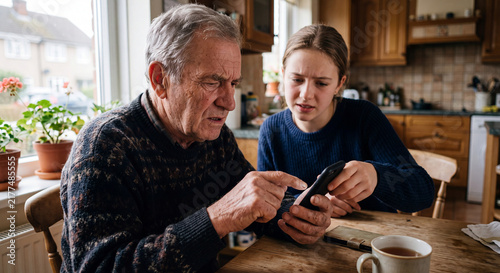 Granddaughter helping grandfather with smartphone
