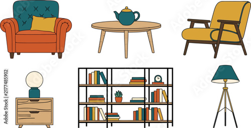 Mid Century Modern Living Room Furniture Vector Set with Retro Armchairs, Coffee Table, Bookshelf, Nightstand, and Lamps for Cozy Interior Graphic Designs