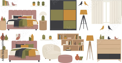 Modern Bedroom Furniture Vector Set with Cozy Beds, Bookshelves, Cabinets, Floor Lamps, and Interior Home Decor Icons for Apartment Design Layouts