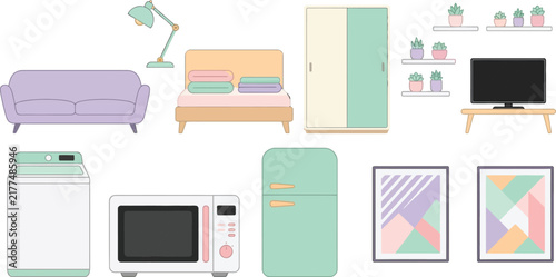 Modern Home Furniture and Household Appliance Vector Set with Sofa, Bed, Wardrobe, Television, Refrigerator, Washing Machine, and Pastel Interior Decor Elements