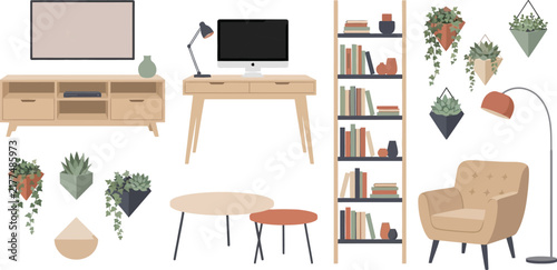 Modern Living Room and Home Office Furniture Set with Desk, Computer, TV Stand, Armchair, Bookshelf, and Hanging Houseplants for Interior Workspace Designs