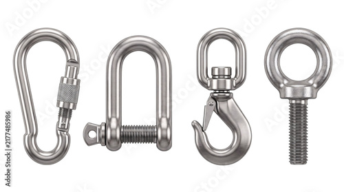Canvastavla Assortment of metal hardware: carabiner, d-shackle, swivel hook, eye bolt png on