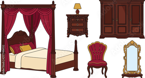Vintage Royal Bedroom Furniture Vector Element Set with Four Poster Canopy Bed, Wooden Wardrobe, Antique Nightstand, Ornate Mirror, and Classic Armchair