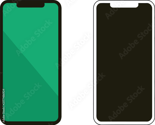 Smartphone icon, with green screen, mobile phone mockup design, cellphone symbol, blank display, digital technology, application interface, isolated on white background.