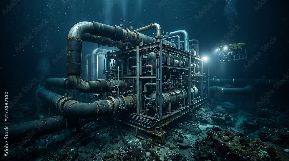Naklejka premium Subsea Thermal Energy Conversion Plant and Pipeline Machinery Operating on Ocean Floor Deep Sea Industrial Station Monitored by Robotic Underwater Drone