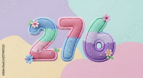 Knitted numbers 276 in pastel color blocks, decorated with sweet flowers and green leaves.