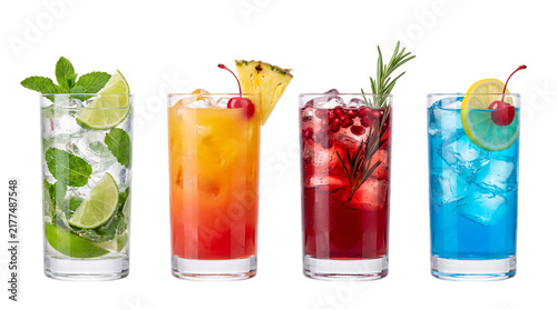 Obraz na płótnie Four colorful refreshing cocktails with garnishes on white background, png on is