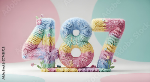 Chunky knitted numbers 487 in rainbow pastel colors with floral details and soft texture.