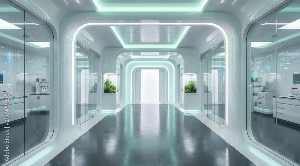 Obraz premium Minimalist symmetrical science facility corridor featuring glowing green ceiling panels