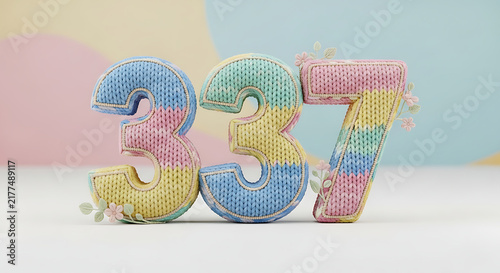 Soft knitted numbers 337 in pastel stripes of blue, pink, yellow, and green, with delicate flowers and leaves on a gentle background