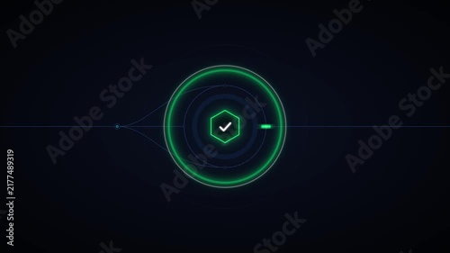 Minimalist hud interface animation with glowing hexagon success checkmark symbol