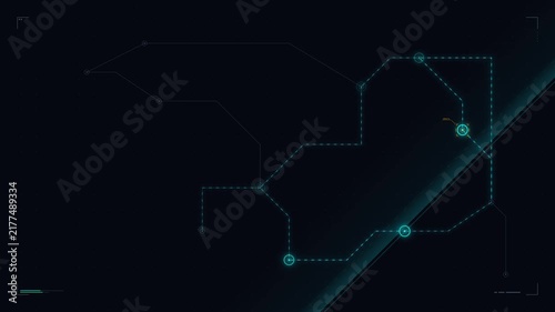 Futuristic hud interface with animated data network lines and digital connectivity nodes