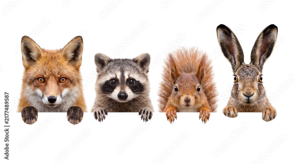 Obraz premium Four wild animals peeking over a surface: fox, raccoon, squirrel, and hare png on isolated transparent background