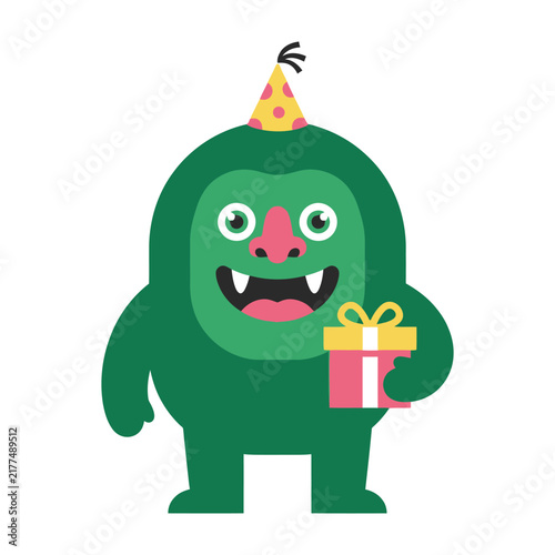 Green monster holding gift box wearing party hat birthday celebration fun