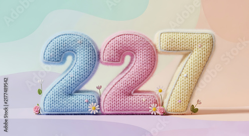 Adorable knitted numbers 227 in soft pastel shades of blue, pink, and yellow, adorned with daisies and roses, on a gentle background