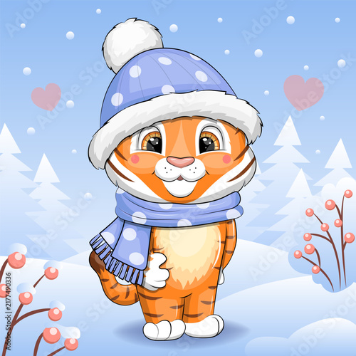 Obraz na plátně Cute cartoon tigger in winter