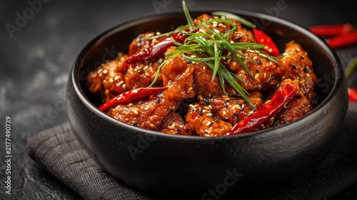 Spicy sichuan chicken chunks topped with sesame seeds and fresh scallions served in a black bowl for culinary presentation.