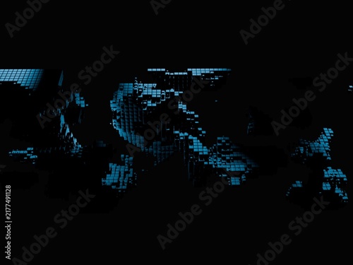 Canvas Print Dark Blue Voxel World Map and Cyber Landscape Disintegration Abstract Background