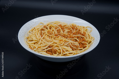 Konstfotografi Traditional Spaghetti Pasta with Savory Minced Meat Bolognese Sauce in a White P