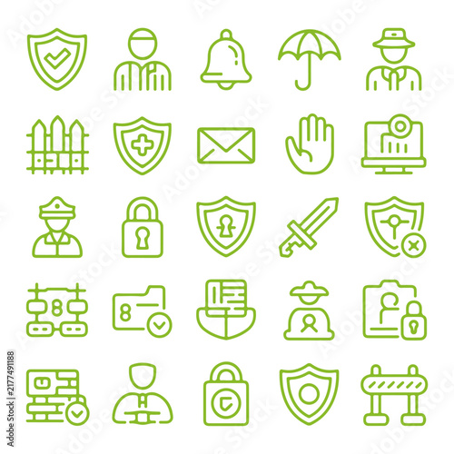 Protection security safety and cyber defense line vector icons.