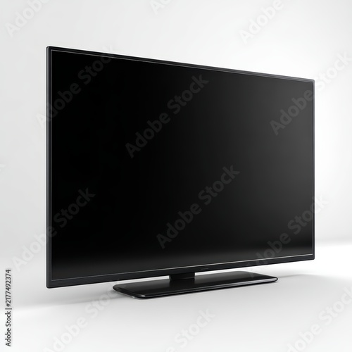 Side perspective view of black flat screen smart television for home entertainment and media technology presentation.