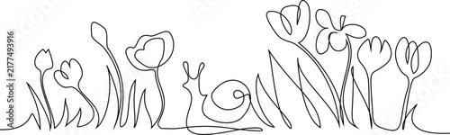 Simple continuous one line drawing of wildflowers with leaves in field, minimalistic floral design
