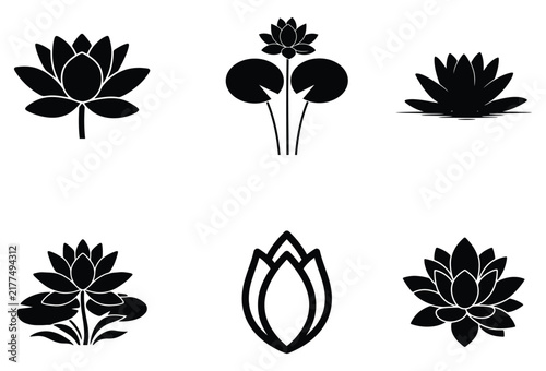 Set of black lotus flower icons and water lily silhouettes for nature logo designs and spiritual wellness graphic elements