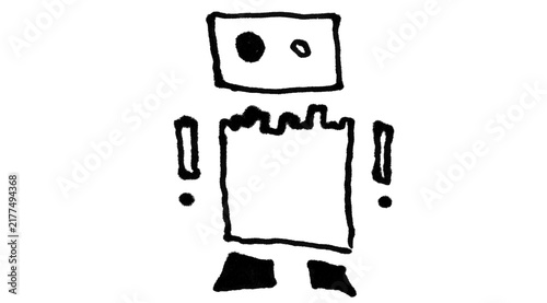 Minimal Robot Character Drawing, Black Line Art on White Background