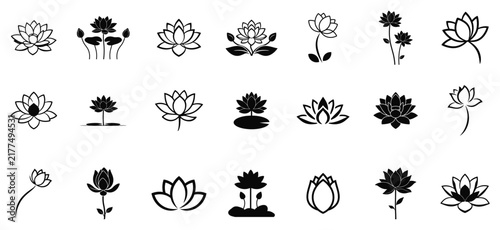Set of black and white lotus flower icons and symbols in various artistic styles for spa, wellness, and yoga meditation branding design