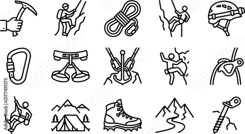Fotografie Set of 15 mountaineering and rock climbing line icons including ice axes, carabiners, harnesses, helmets, boots, rappelling athletes, base camp tents and mountain hiking scenery