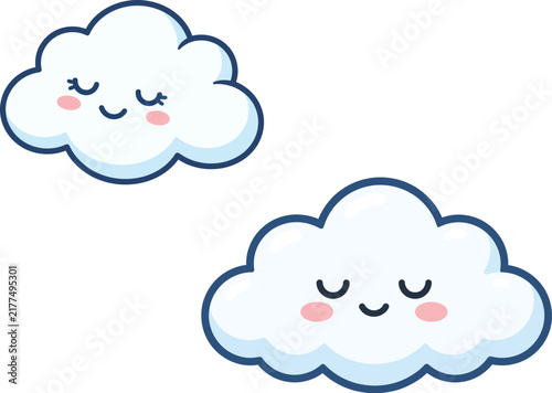 Photography Two cute happy cartoon clouds with smiling faces isolated on transparent backgro