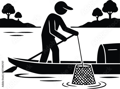 Bild auf Leinwand Silhouette of a person punting a boat with a fishing net on a lake boating fishe