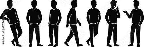 Black silhouettes of young men standing walking and talking in casual clothing