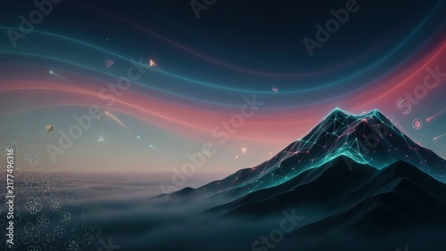Futuristic mountain landscape with glowing digital network lines and abstract light waves